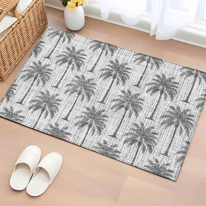 Area Rug 2x3ft, Summer Palm Tree Retro Linen Washable Rugs for Living Room Bedroom, Tropical Gray Botanical Soft Non-Slip Area Rugs Rectangle Floor Carpet for Dining Room