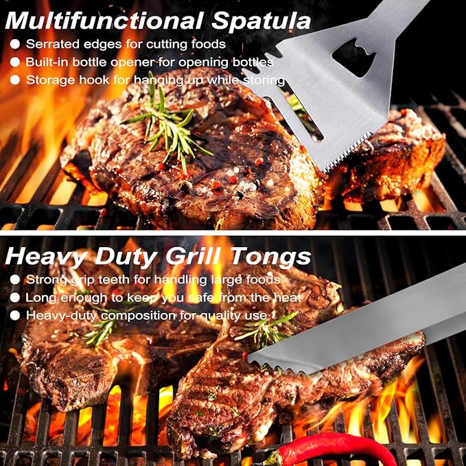 POLIGO 29 PCS BBQ Grill Accessories Stainless Steel BBQ Tools Grilling Tools Set with Storage Bag for Fathers Day Dads Birthday Presents - Camping Grill Utensils Set Ideal Grilling Gifts for Men Brown