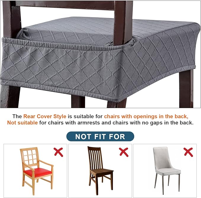 Genina Waterproof Seat Covers for Chairs,Set of 2 Dining Room Chair Seat Covers for Kitchen,Stretch Jacquard Removable Washable Dining Chair Slipcovers Protectors with Rear Covers, Dark Grey