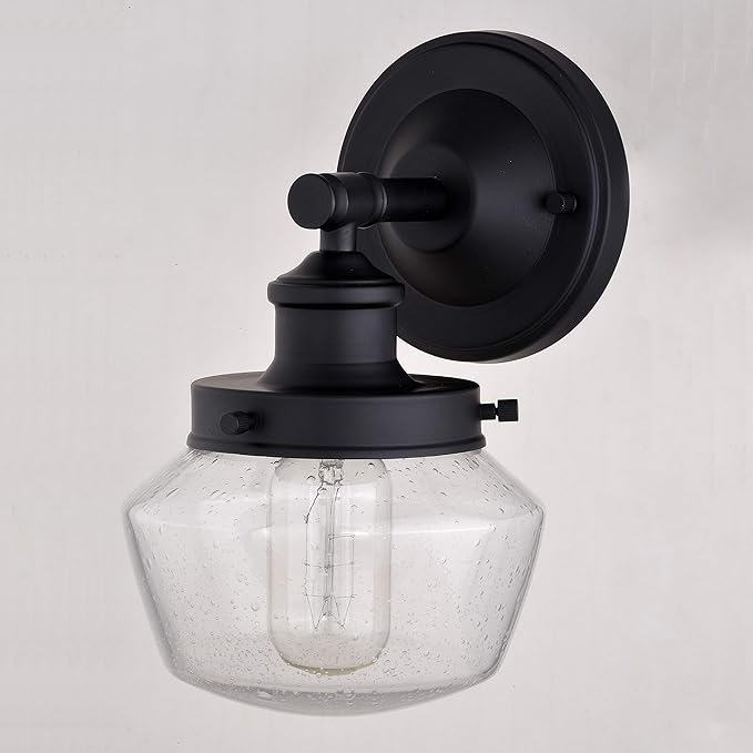 VAXCEL Collins 9.5 in. H 1-Light Matte Black Farmhouse Outdoor Wall Sconce Made of Durable Steel, Clear Seeded Glass Shade, LED Compatible, Use for Exterior Porch Patio Front Door or Garage