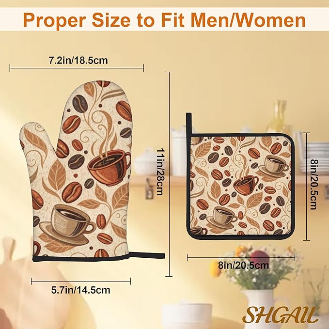 Vintage Coffee Leaves Oven Mitts and Heat Resistant Pads - Heat Resistant Gloves Potholder Set of 4 for Cooking, BBQ, Gifts for Women