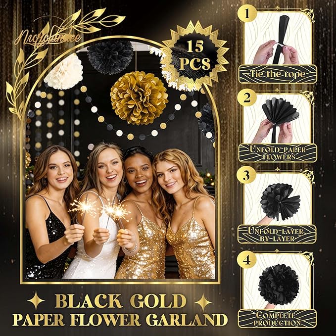 NICROLANDEE Black Gold Party Decorations, 15 PCS Tissue Paper Pom Poms Kit for 2026 Graduation Party Decor, Wedding, Birthday, Engagement, Paper Garland Flower Ball Ceiling Wall Decor