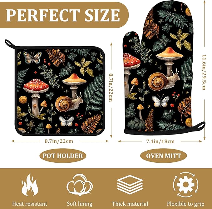 Black Mushroom Snail Oven Mitts and Pot Holders Sets 4Pcs Cute Plants Silicone Kitchen Gloves Heat Resistant Potholders for Baking Cooking Grilling BBQ