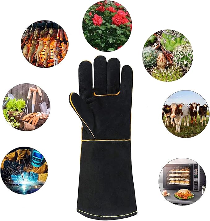 Heat Resistant Gloves for Grill BBQ,Long Sleeve Grill Gloves for Baking,Oven,Fireproof, Stove,Welder,Welding,Fireplace (Bblack-Yellow)