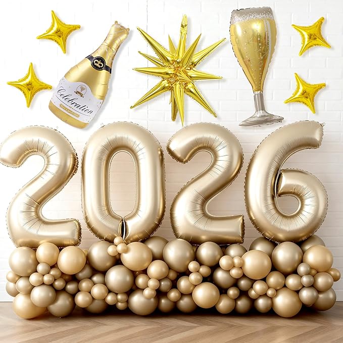 Light Gold 2026 Balloons, 40 Inch Number Champagne Gold Foil Balloons, Gold Star Balloon Champagne Bottle Glass Balloon for Happy New Years Eve Party Supplies 2026 Class of 2026 Graduation Decorations