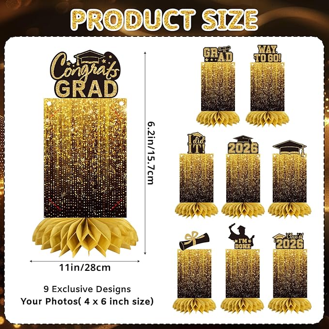 9 PCS Graduation Party Decorations Class of 2026 Honeycomb Centerpieces, Honeycomb Centerpieces for Graduation Photo Toppers Table Decorations. (Grad.Gold)