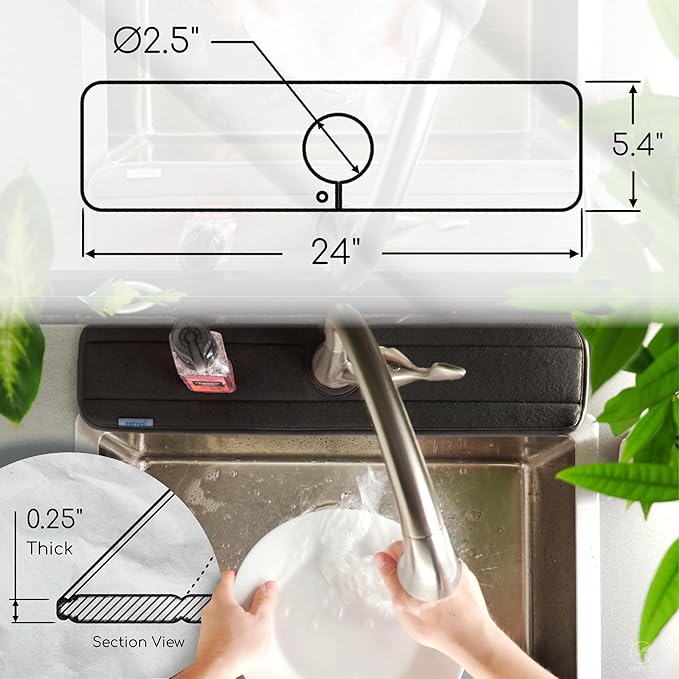 Ternal Original SINKMAT 24in XL Faucet Splash Guard Extra Long Microfiber Sink Drip Catcher Mat Non Slip Countertop Protector Drying Pad Kitchen Bathroom RV Machine Washable [Black]