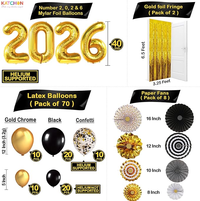 KatchOn, New Years Eve Party Supplies 2026 - Huge Set, Pack of 112 | Black and Gold 2026 Balloon Arch Kit with Gold Fringe Curtain Backdrop | Happy New Year Decorations 2026, NYE Decorations 2026