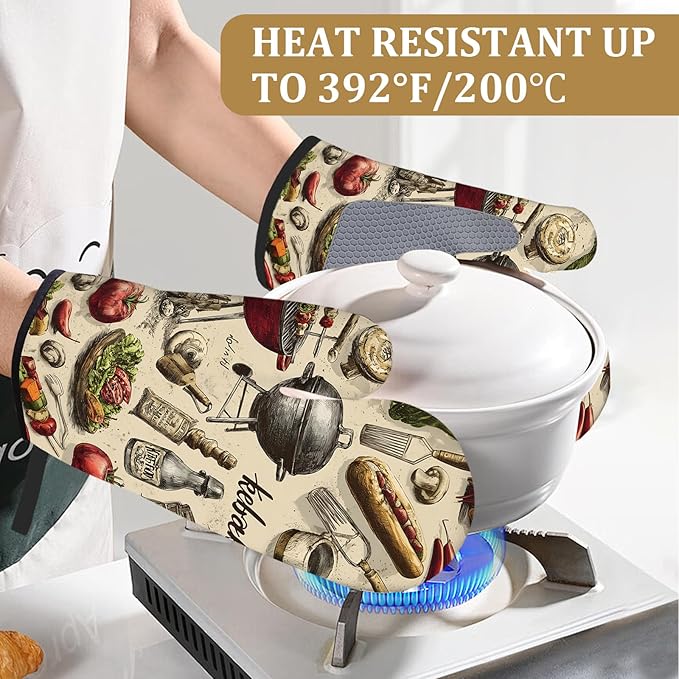 Funny Barbecue Food Grill Oven Mitts and Pot Holders Sets 4Pcs Kabobs Silicone Kitchen Gloves Heat Resistant Potholders for Baking Cooking Grilling BBQ