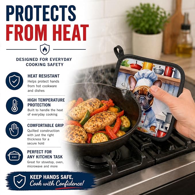 Caroline's Treasures French Bulldog The Chef Pair of Pot Holders Kitchen Heat Resistant Pot Holders Sets Oven Hot Pads for Cooking Baking BBQ, 7 1/2 x 7 1/2