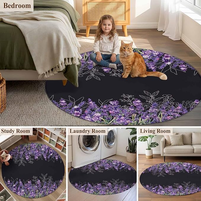 Washable Round Area Rug Spring Purple Lavender Flower Circle Rugs Floor Carpet for Living Room Bedroom, Watercolor Floral on Black Soft Non Slip Round Rug 5ft