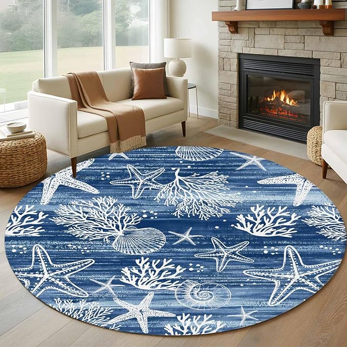 Navy Blue Coastal 8ft Round Rug, Ocean Coral Starfish Non-Skid Rubber Backing Large Area Rugs - Living Room Bedroom Home Office, Summer Beach Indoor Floor Mat Carpets Washable Rug