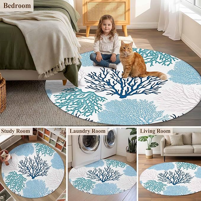 Washable Round Area Rug Classic Sea Blue Coral Circle Rugs Floor Carpet for Living Room Bedroom, Abstract Marine Life Scenery Soft Non Slip Round Rug 5ft