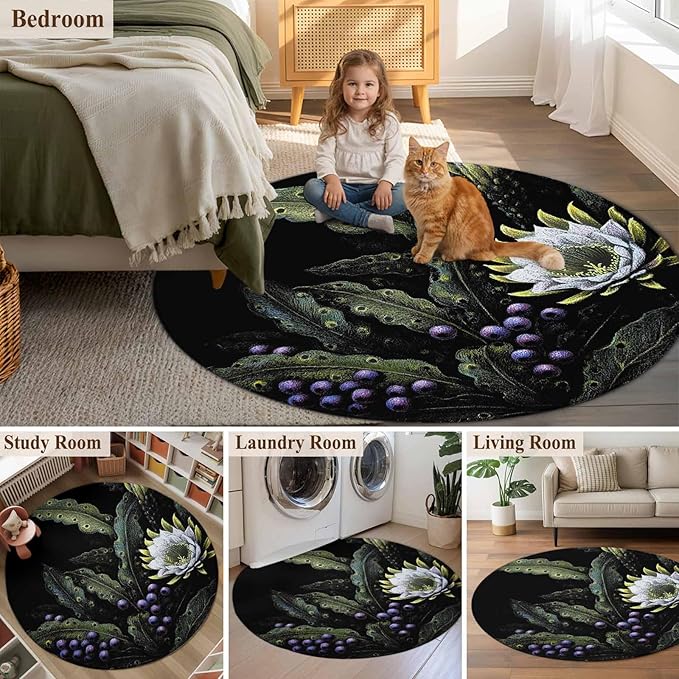 Washable Round Area Rug Watercolor Flower Berry Leaves Circle Rugs Floor Carpet for Living Room Bedroom, Botanical Plant Dark Style Soft Non Slip Round Rug 5ft