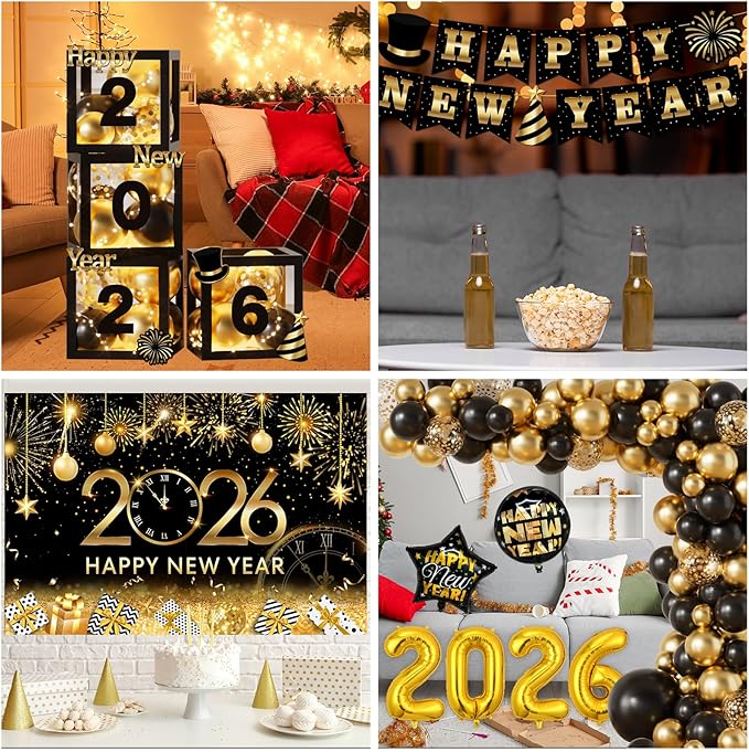 119Pcs New Years Eve Party Supplies -2026 Balloon Arch Garland Kit with Backdrop,Banner,Balloon Boxes for Happy New Year Decorations 2026