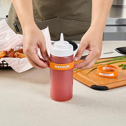 Restaurantware Silicone Squeeze Bottle Band 10 Count 2.75 Inch Dishwasher Safe Condiment Identification Band, Medium Orange Non-Slip Label Band for Condiment Labeling at Restaurants, Food Trucks