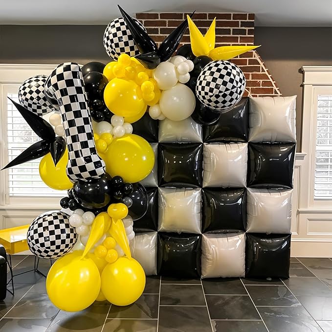 Black White Square Foil Balloon Wall,25Pcs Double Sided Checkered Balloons Backdrop Helium Balloon Tunnel Arch Garland Kit for Birthday Bridal Anniversary Baby Shower Party Decorations