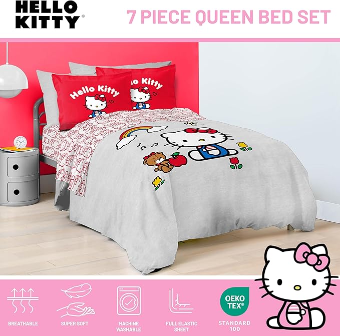 Jay Franco Sanrio Hello Kitty Queen Size Comforter Set - 7 Piece Red & Grey Bedding Includes Sheet Set & Pillow Covers - Super Soft Cozy Kawaii Bedding