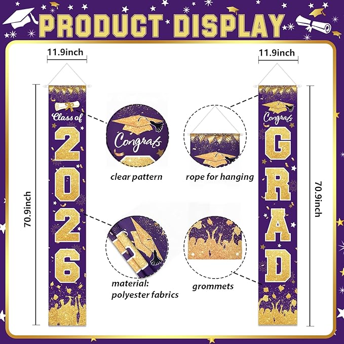 2026 Graduation Party Decorations - Purple Gold Class of 2026 Congrats Grad Porch Sign Banner Hanging Flag Graduation Party Supplies for School College Classroom Decor
