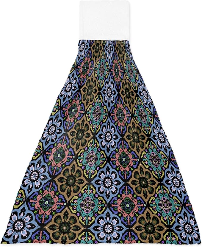 Alandar Home Kitchen Tie Towel Set of 1, Damask Baroque Ethnic Floral Bohemian Absorbent Soft Hand Towels for Bathroom Hanging Towels, Rhombus Geometric Art Fast Drying Cleaning Cloth with Loop