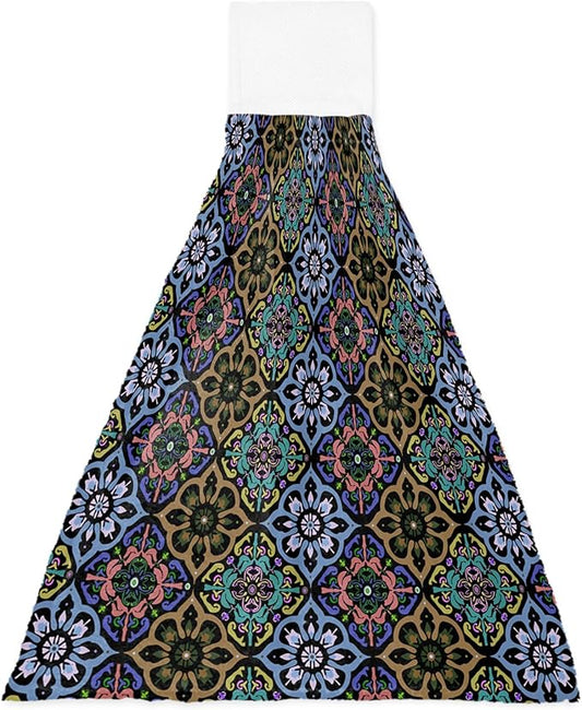 Alandar Home Kitchen Tie Towel Set of 1, Damask Baroque Ethnic Floral Bohemian Absorbent Soft Hand Towels for Bathroom Hanging Towels, Rhombus Geometric Art Fast Drying Cleaning Cloth with Loop