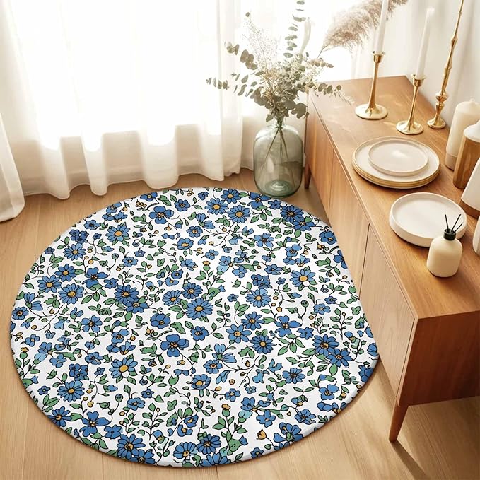 Washable Round Area Rug Blue Tiny Flowers Green Leaves Circle Rugs Floor Carpet for Living Room Bedroom, Farmhouse Botanical Soft Non Slip Round Rug 5ft