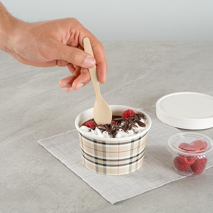 Restaurantware Coppetta 12 Ounce Dessert Cups, 50 Disposable Ice Cream Cups - Lids Sold Separately, Sturdy, Plaid Paper FroYo Bowls, For Hot And Cold Foods, Perfect For Gelato Or Mousse