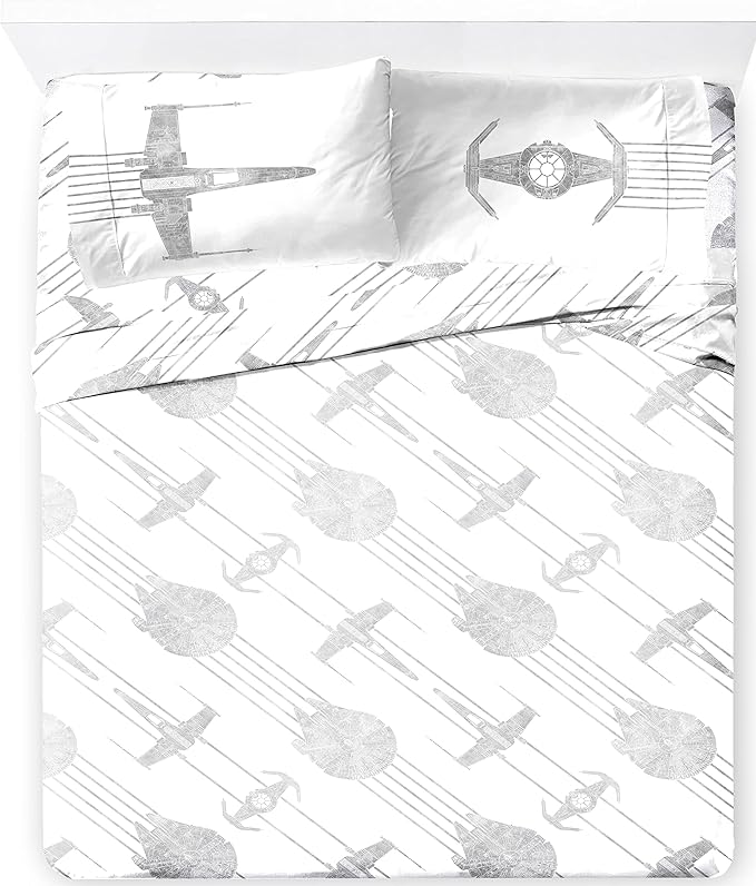 Jay Franco Kids Sheet Set with Fitted, Flat Sheets & Pillow Cover - Ultra-Soft Bedding with Pillowcase for Room Decor, White - Star Wars, 4 Piece Queen