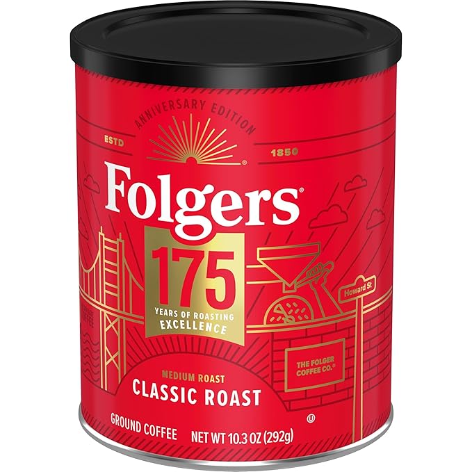 Folgers Classic Medium Roast Ground Coffee, 10.3 Oz 175th Anniversary Limited Edition Metal Can