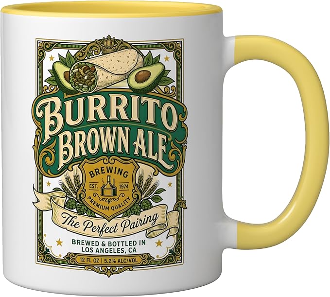 Burrito Brown Ale Mexican Food Retro Funny Beer Label Ceramic Mug, Yellow/White