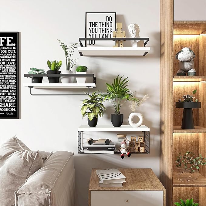 Upgrade Towel Racks for Bathroom Wall Mounted, 3 Pack Floating Shelves with Storage Basket, Bathroom Organizes, Wall Mounted Rustic Wood Shelves for Bedroom, Living Room, Kitchen (White)