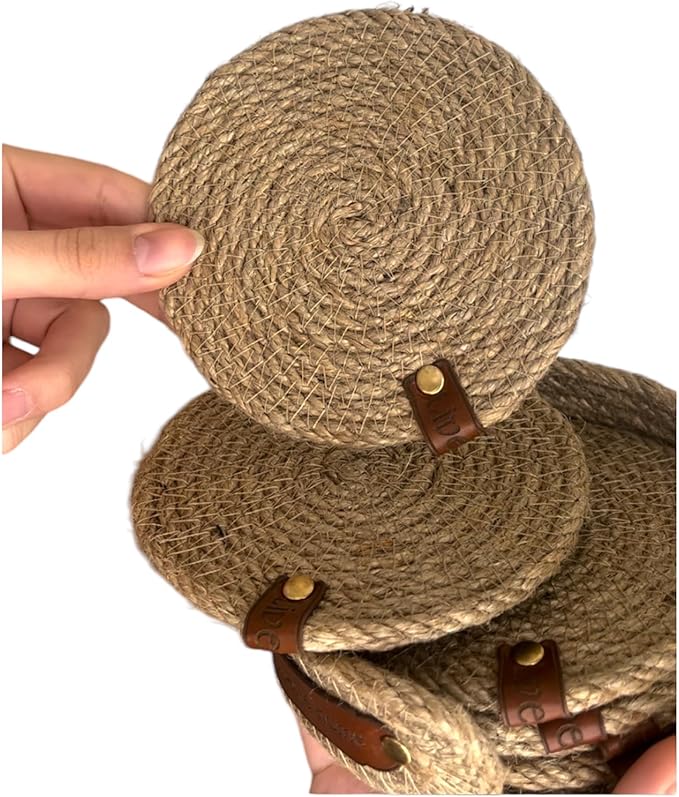 Handmade Jute Coaster Set with Basket – Natural 6-Piece Drink Coasters for Rustic Home Decor
