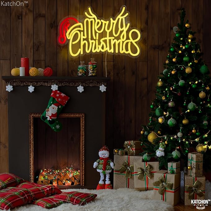KatchOn, Large Merry Christmas Neon Signs - 16x10 Inch | Window Christmas Decorations Indoor | Xmas Party Decorations, Holiday Decor | Santa Hat Sign USB Powered LED Lights