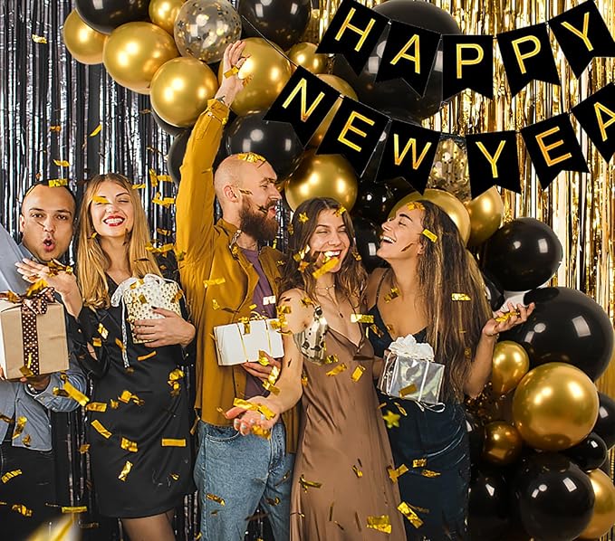 New Years Eve Party Supplies 2026 Kit - Pack of 153, Huge Gold 2026 Balloons,Happy New Year Banner,Black and Gold Hanging Swirls, Gold Fringe Backdrop for NYE Decorations 2026