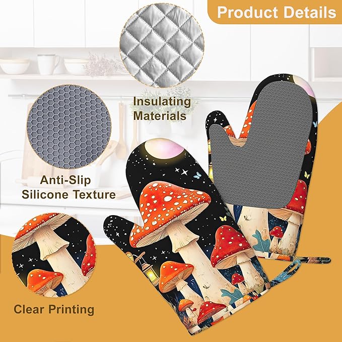 Oven Mitts and Pot Holders Mushroom Silicone Kitchen Accessories Set of 4 Heat Resistant Gloves Colorful Butterfly Moon Star Potholder Non-Slip Grip for Chef Cooking Baking Grilling BBQ