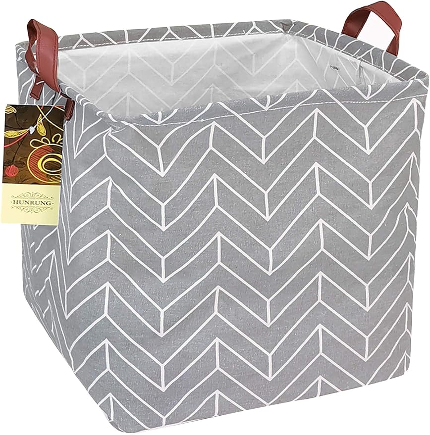 HUNRUNG Square Storage Bins Nursery Hamper Canvas Laundry Basket Foldable with Waterproof Nursery Boxes for Shelves/Gift Baskets/Toy Organizer/Office, Bedroom (Square-Grey wheat)