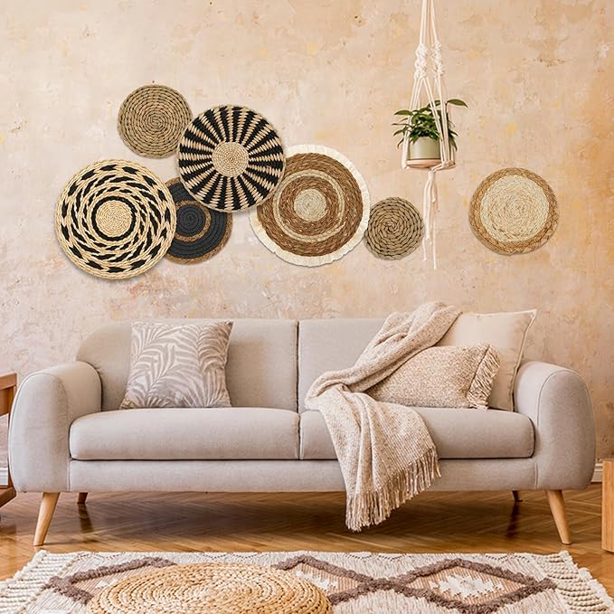 VMBORTI 7 Pcs Boho Wall Basket Set with Handmade Woven Rattan Décor for Living Room, Office, Lightweight, Easy to Hang, and Adds a Natural Boho Touch