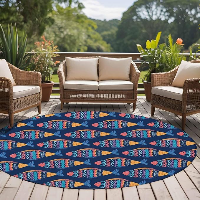 Washable Round Area Rug Ethnic Style Ocean Fish Circle Rugs Floor Carpet for Living Room Bedroom, Watercolor Marine Life on Navy Blue Soft Non Slip Round Rug 5ft
