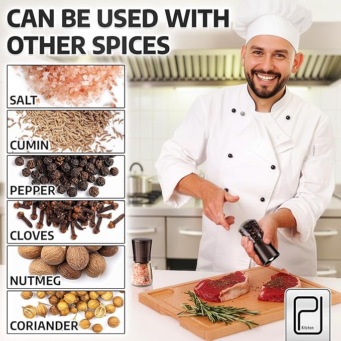 Premium Salt and Pepper Grinder Set with Bamboo Holder - 5 oz, Black Bronze Stainless Steel - S&P Spice Shakers - Refillable & Adjustable Coarseness Hand Mill for Spices & Seasonings - by PJC-Kitchen