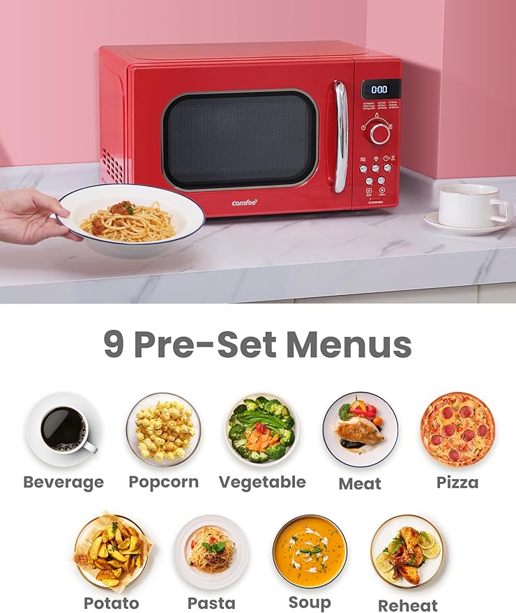 COMFEE' Retro Small Microwave Oven With Compact Size, 9 Preset Menus, Position-Memory Turntable, Mute Function, Countertop Microwave Perfect For Small Spaces, 0.7 Cu Ft/700W, Red, AM720C2RA-R