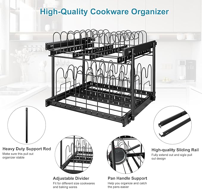 TQVAI Pots and Pans Organizer, Full-Extension Pull Out Cabinet Organizer, Slide Out Drawers for Kitchen Cabinets with Adjustable Dividers, Request at Least 23.5" W x 23.5" D x 23.5" H OpeningBlack