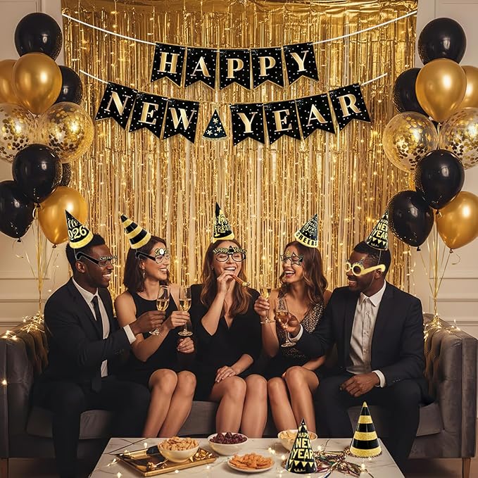 2026 Luxury New Year's Eve Party Decorations Kit | Black Gold White Confetti Balloons Banner, Jumbo 2026 Balloons,Curtain, Champagne Bottle for Countdown Backdrop Supplies