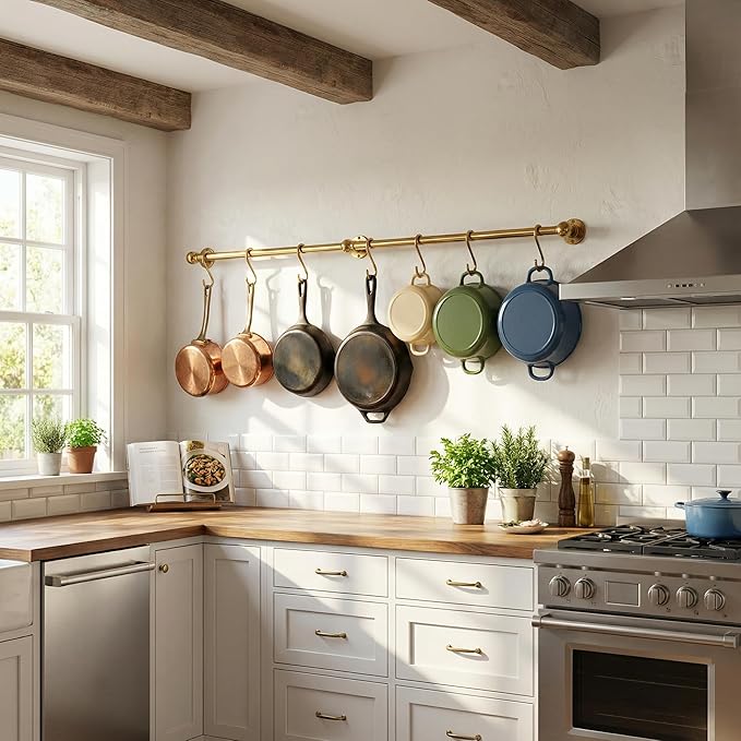 Unlacquered Brass Pot Rail with S Hooks – Wall Mounted Kitchen Organizer for Pots & Pans - Solid Brass Pot Rack Rod (32 inch)