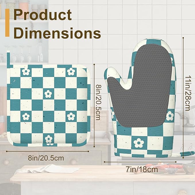 Vintage Groovy Checkered Oven Mitts and Pot Holders Sets of 4, Heat Resistant Flower Silicone Oven Mitts Gloves Non-Slip Kitchen Mittens Potholders for Cooking Baking Grilling BBQ
