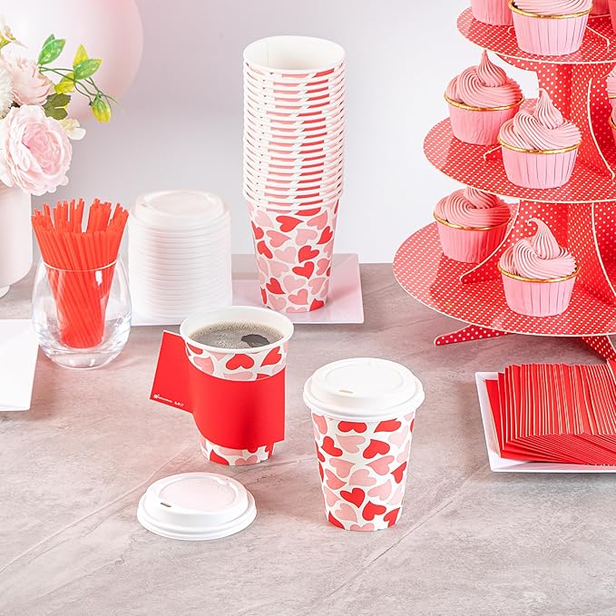 Restaurantware-Restpresso 12 Ounce Disposable Coffee Cups, 20 Valentine’s Day Cups With Plastic Lids - Red And Pink Heart Print, Rolled Rim, Paper To Go Cups, Single Wall, Serve Hot And Cold Drinks