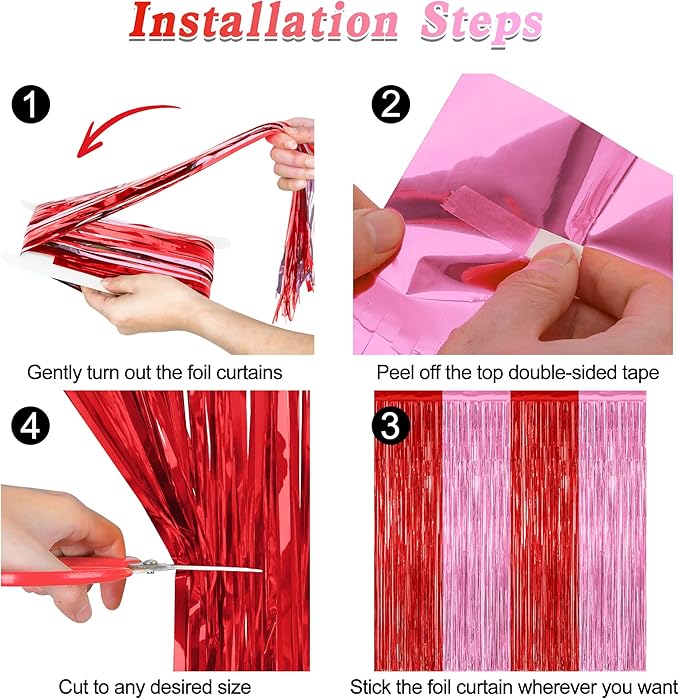 2 Pack Backdrop Curtains, 3.28 Feet x 7.05 Feet Red Pink Backdrop, Metallic Fringe Curtains Tinsel Backdrop Party Streamer, Babie Backdrop Valentines Day Happy Birthday Party Supplies Decorations