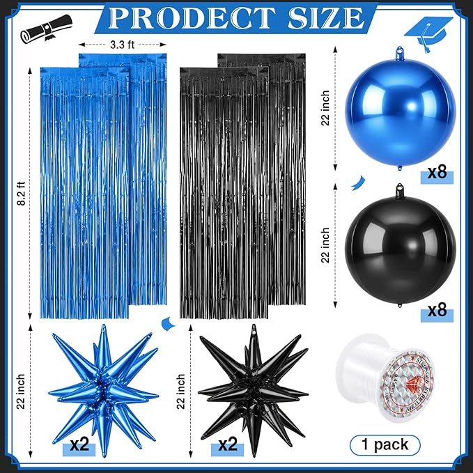 Seenelling 25 Pcs Blue and Black Graduation Party Decorations 2026 Sets 22 Inch 4d Large Stars Balloons with Metallic Tinsel Foil Fringe Backdrop Curtains for Birthday Anniversary Wedding Decor