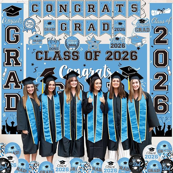 Graduation Decorations Class of 2026 Set - Sky Blue Themed Congrats Grad Banner & Backdrop, Hanging Swirls, Porch Sign, Balloons, Foil Number 2026 for High School & College Celebrations
