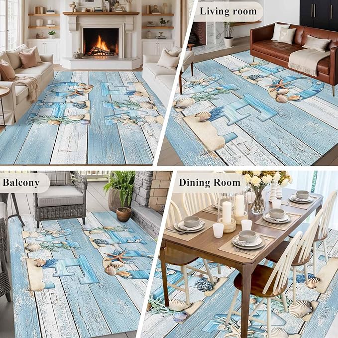Area Rug 6x9ft, Summer Ocean Beach Shell Home Quote Washable Rugs for Living Room Bedroom, Farm Blue Wood Board Soft Non-Slip Area Rugs Rectangle Floor Carpet for Dining Room