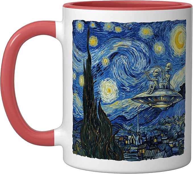 Aliens Saucer UFO Extraterrestrial Fun Starry Night Van Gogh Ceramic Mug, Red/White